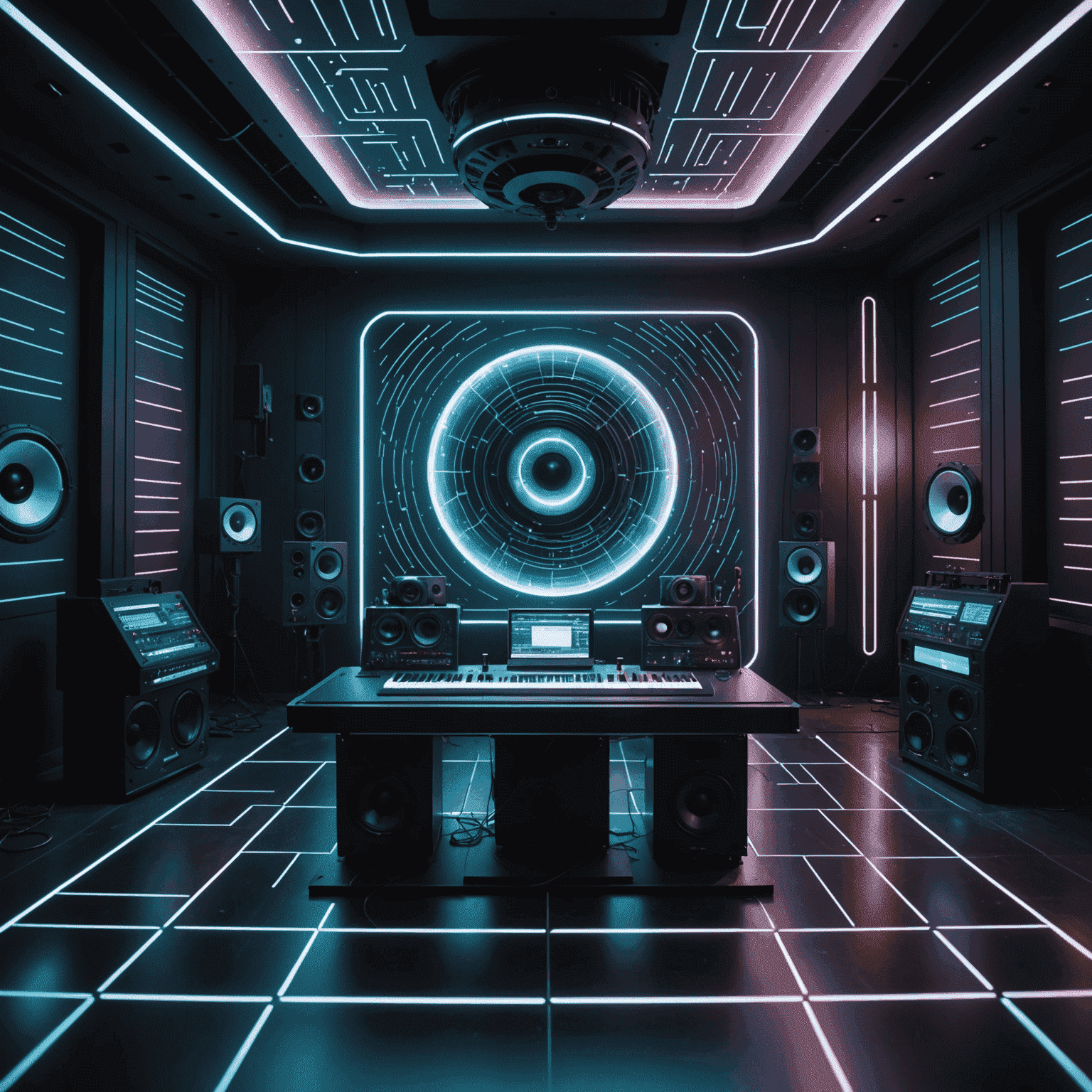 A futuristic recording studio with holographic sound waves floating in the air, representing innovative audio techniques in the film industry