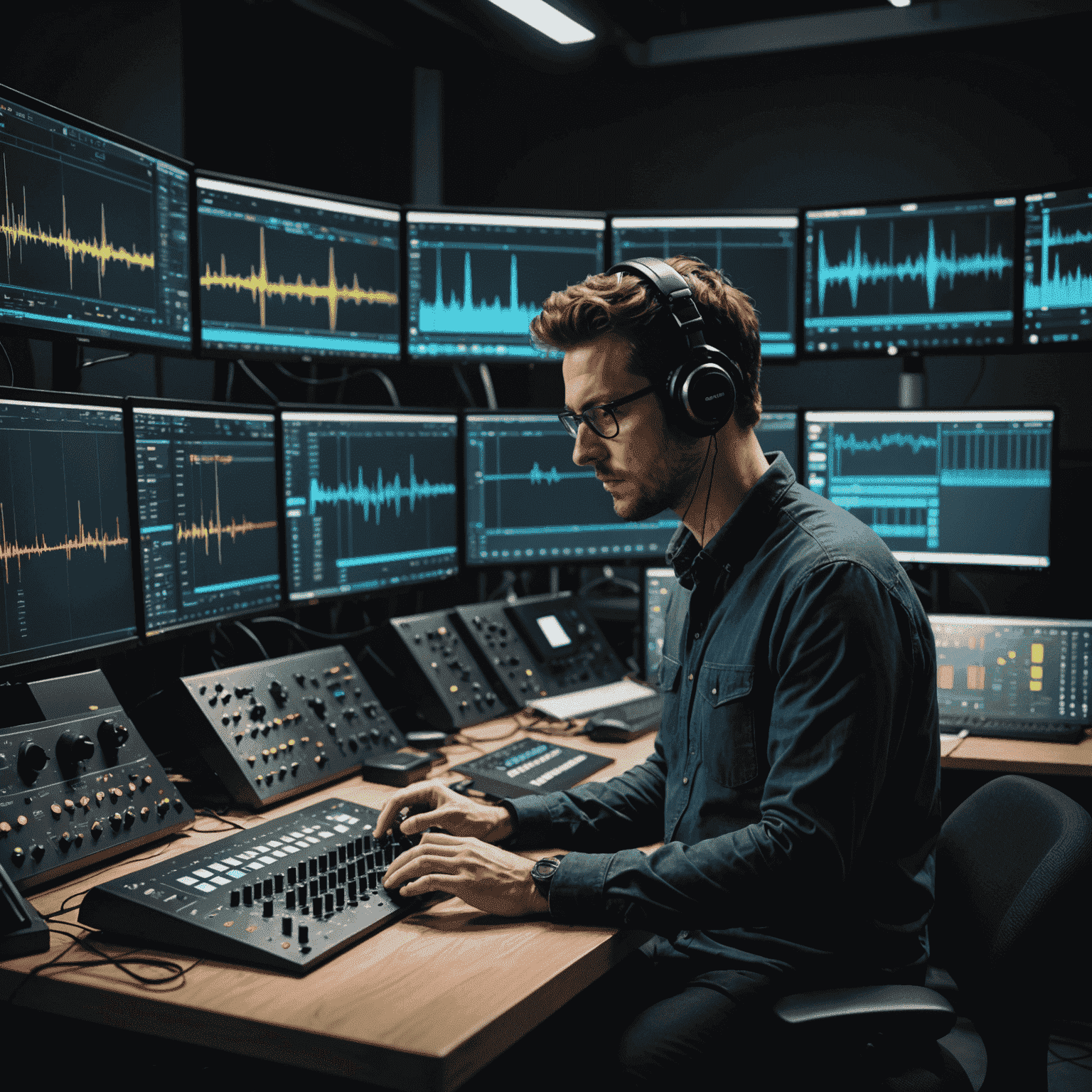 A sound designer working on a complex audio setup, surrounded by high-tech equipment and multiple screens displaying waveforms and spectrograms