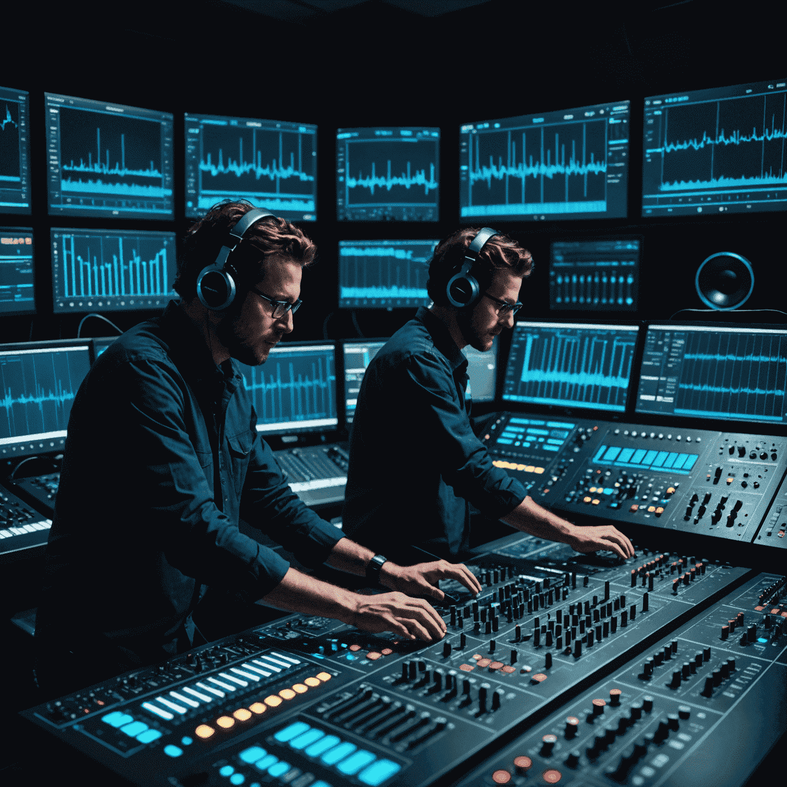 Two sound engineers working on a complex audio mixing console, surrounded by screens displaying waveforms and spectrograms. The image has a dark, tech-inspired aesthetic with electric blue accents.