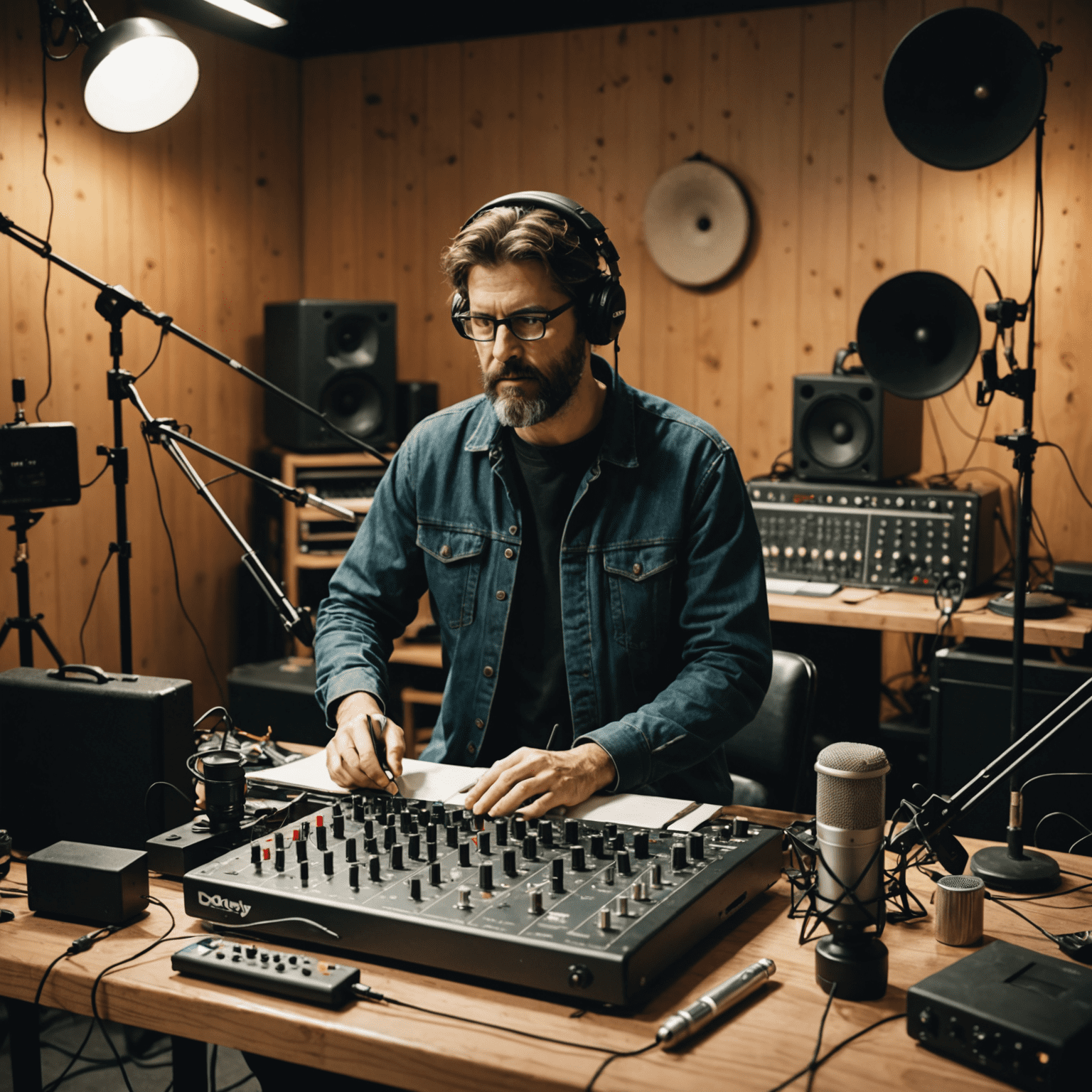 A Foley artist creating sounds using various props in a professional studio setting, surrounded by microphones and sound equipment
