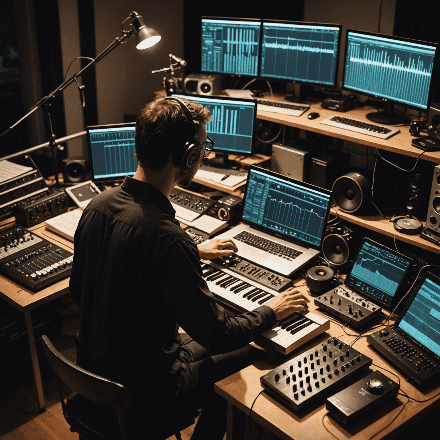 A montage of a composer working on a digital audio workstation, surrounded by various musical instruments. The image showcases the process of creating a film score, with musical notation floating in the air and transforming into visual representations of sound waves.