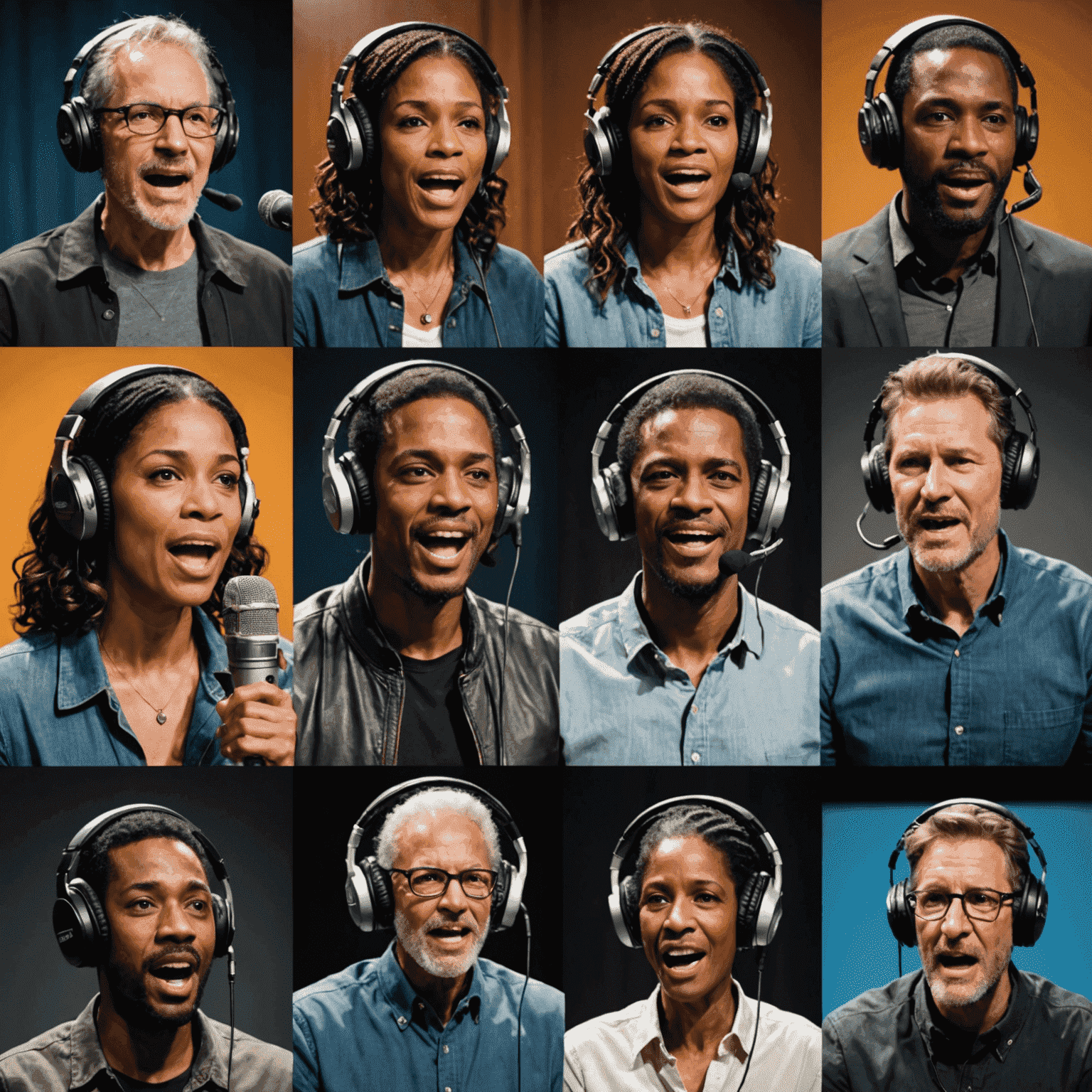 A collage showcasing diverse voice actors in recording booths, using professional microphones and headphones. The image conveys a sense of energy and passion, with actors gesturing expressively as they perform various character voices.