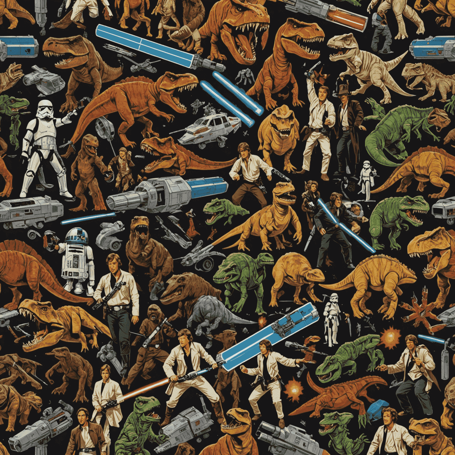 A collage of iconic movie scenes with visual representations of their famous sound effects, such as the Star Wars lightsaber sound or the Jurassic Park T-Rex roar