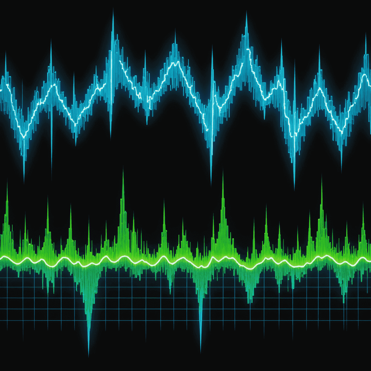 A complex, colorful waveform representing a newly created magical sound effect, with peaks and valleys glowing in electric blue and neon green