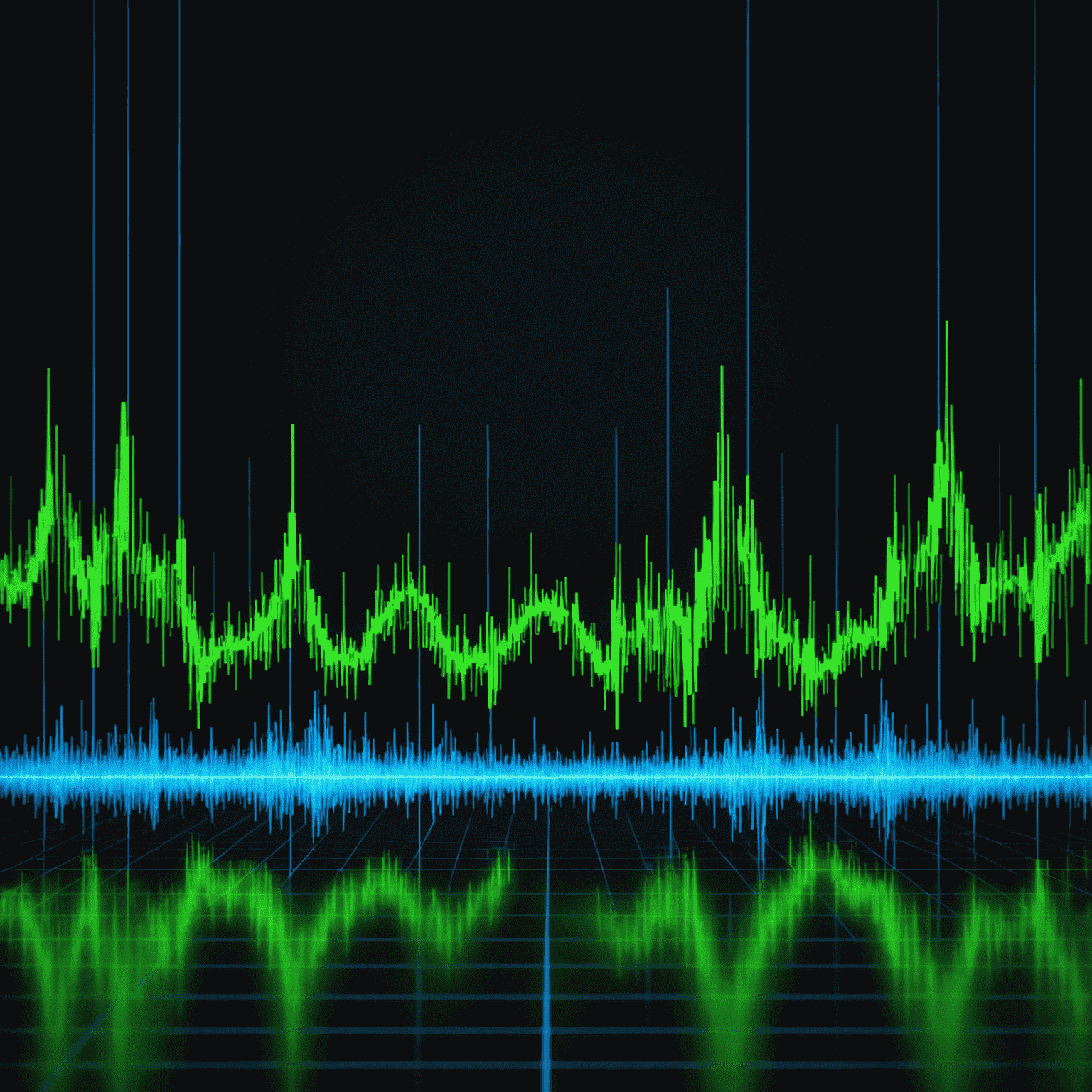 A dynamic, animated waveform in electric blue and neon green, representing the complex audio effects created by Volaudacity. The waveform pulsates and shifts, mimicking the magical nature of their sound design.
