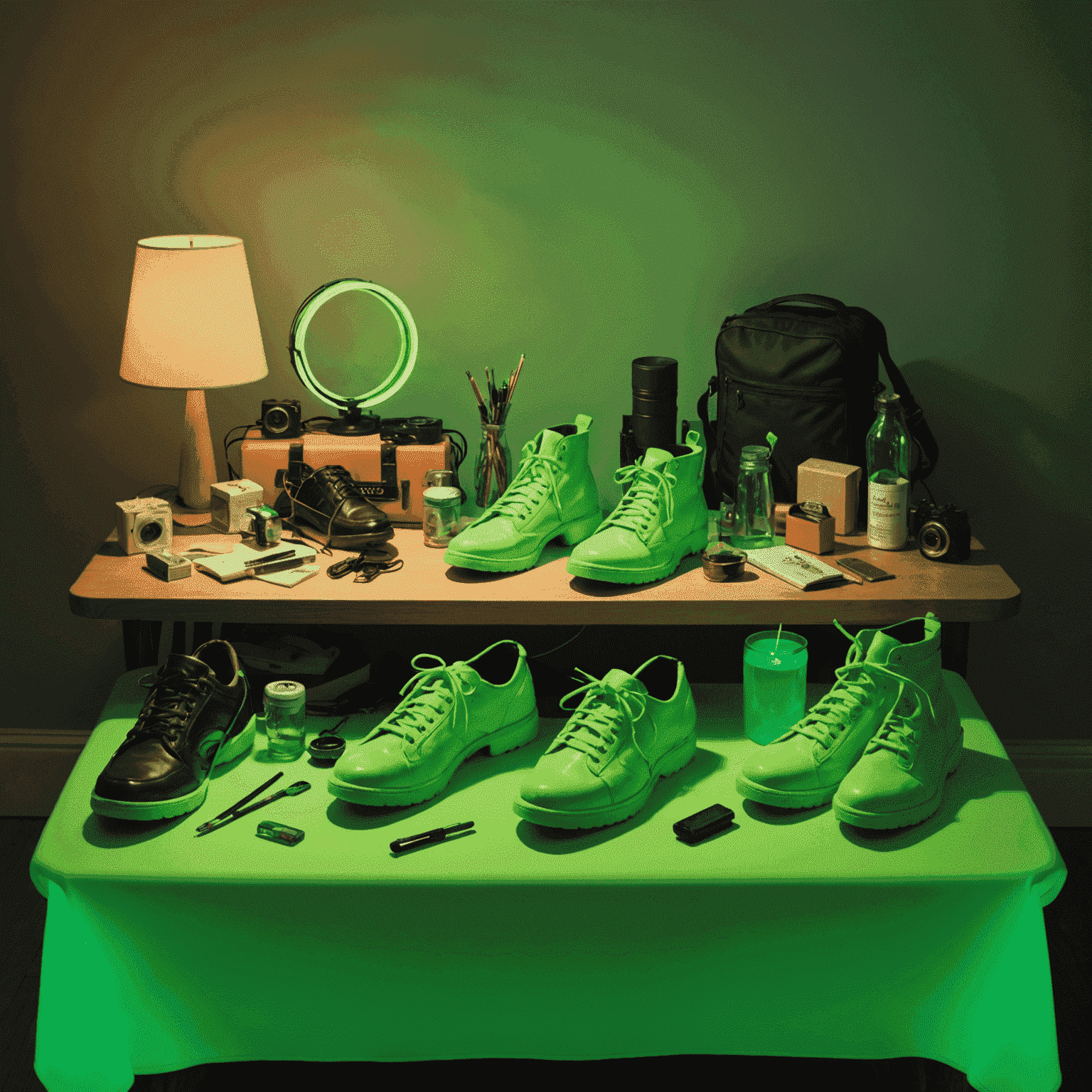 An array of Foley artist props including shoes, fabrics, and everyday objects arranged on a table. The image is tinted with a neon green (#39FF14) glow, emphasizing the magical transformation of ordinary items into cinematic sounds.
