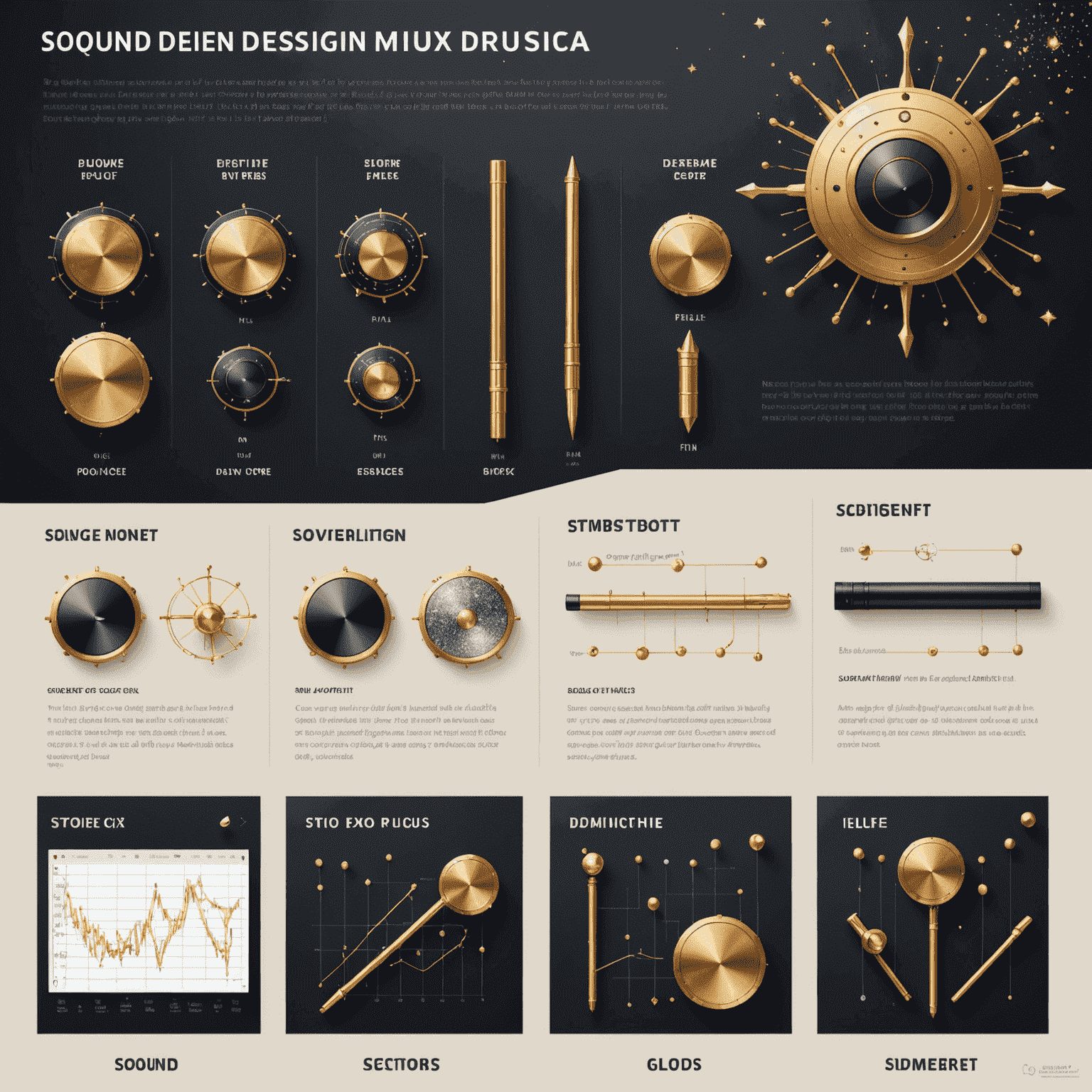 An infographic showing the step-by-step process of sound design, from initial concept to final mix, with magical elements like wands and sparkles