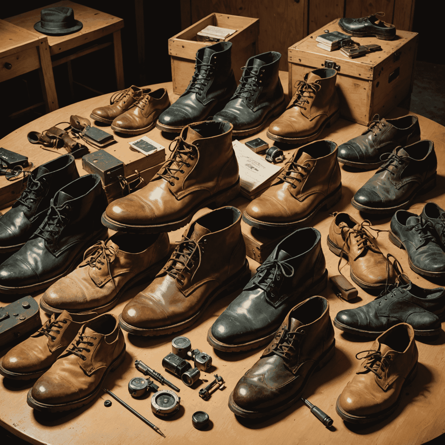 An extensive collection of Foley props including shoes, fabrics, household items, and unconventional objects used to create various sound effects