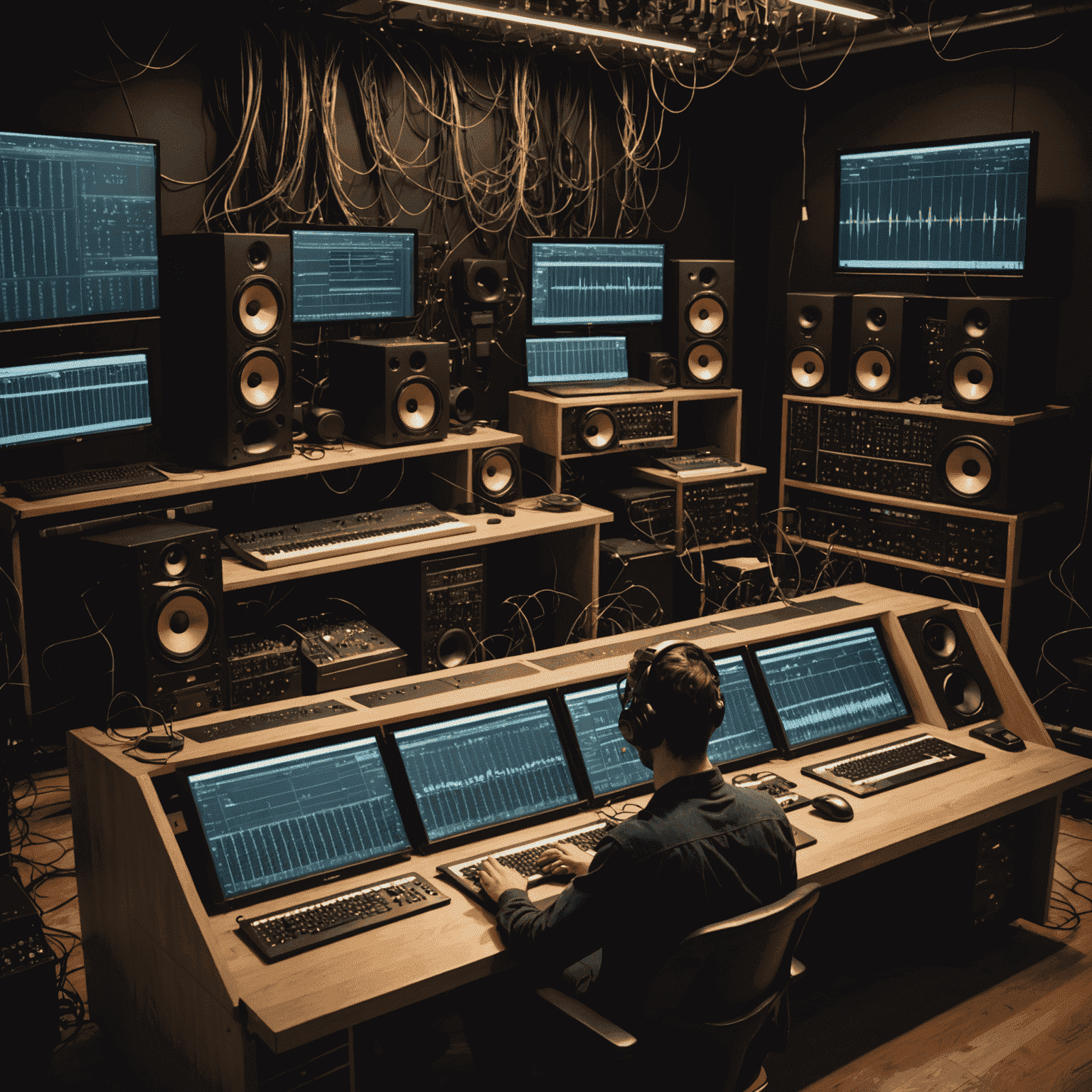 A team of sound engineers working on complex audio equipment with magical-looking interfaces, surrounded by floating musical notes and sound waves