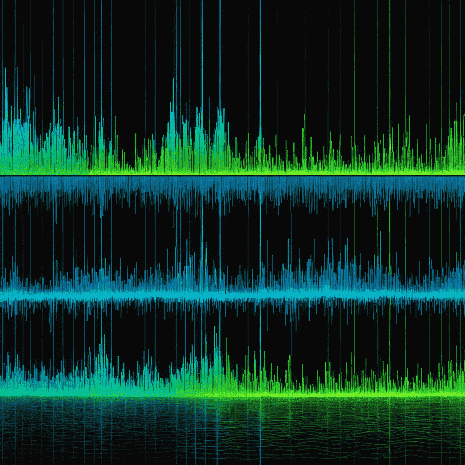 A spectral view of a musical composition with various instrument tracks visible. The spectrogram is rendered in electric blue (#00FFFF) and neon green (#39FF14), showing the intricate layers of a spellbinding movie score.