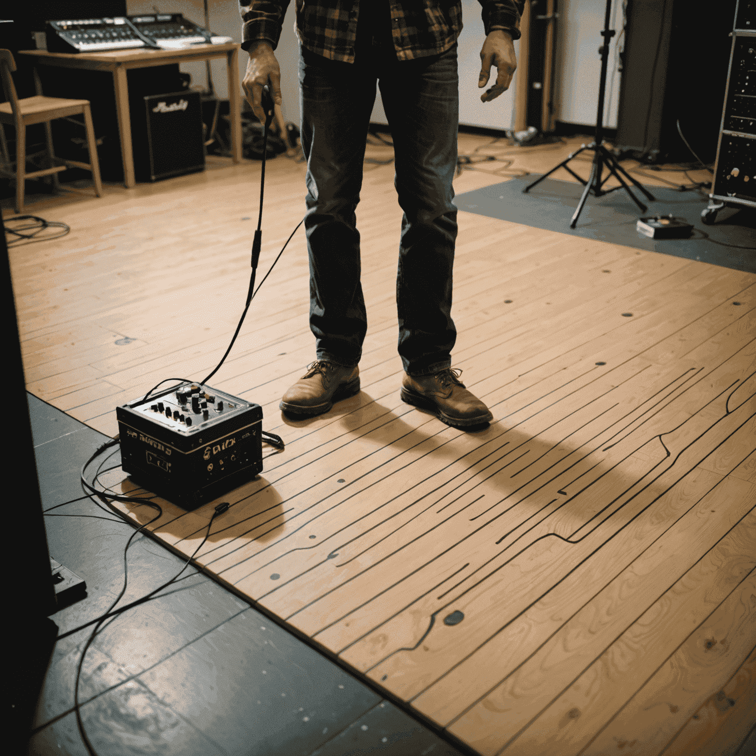 A Foley artist performing and recording footstep sounds on a specially designed floor surface, with a sound engineer monitoring the process
