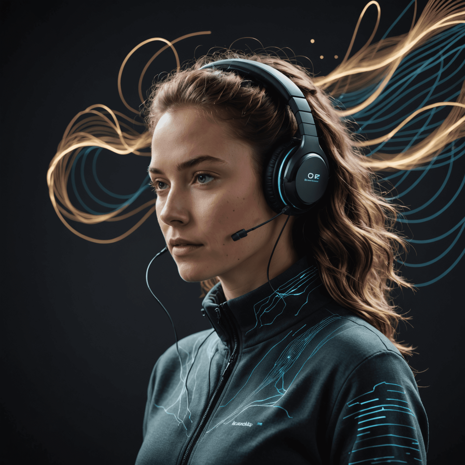 A person wearing a next-generation audio headset, surrounded by visualizations of 3D sound waves, representing the future of immersive audio experiences