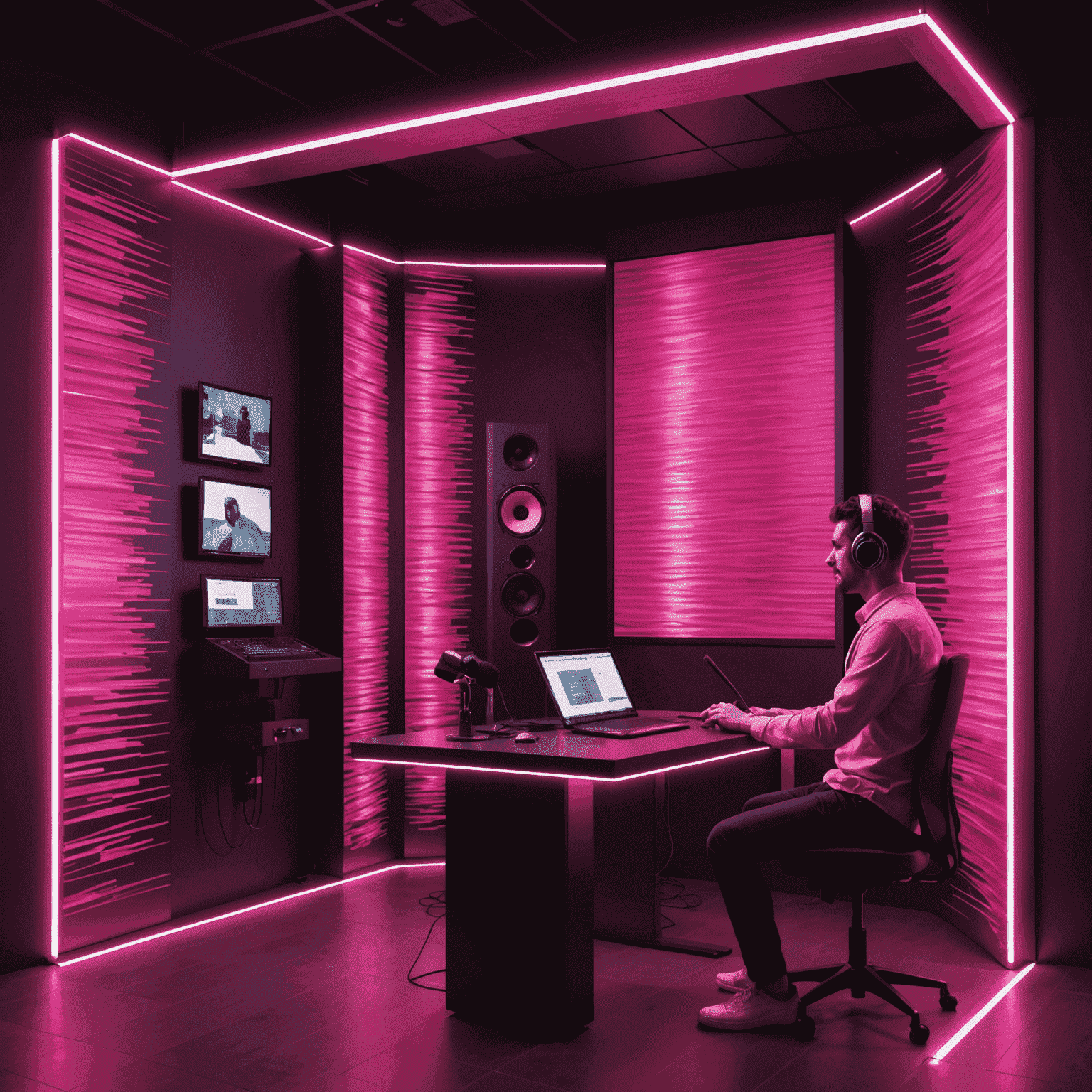 A high-tech voice acting booth with a performer inside. The image is overlaid with visualized voice waves in hot pink (#FF69B4), representing the diverse range of voices and emotions captured in the recording process.