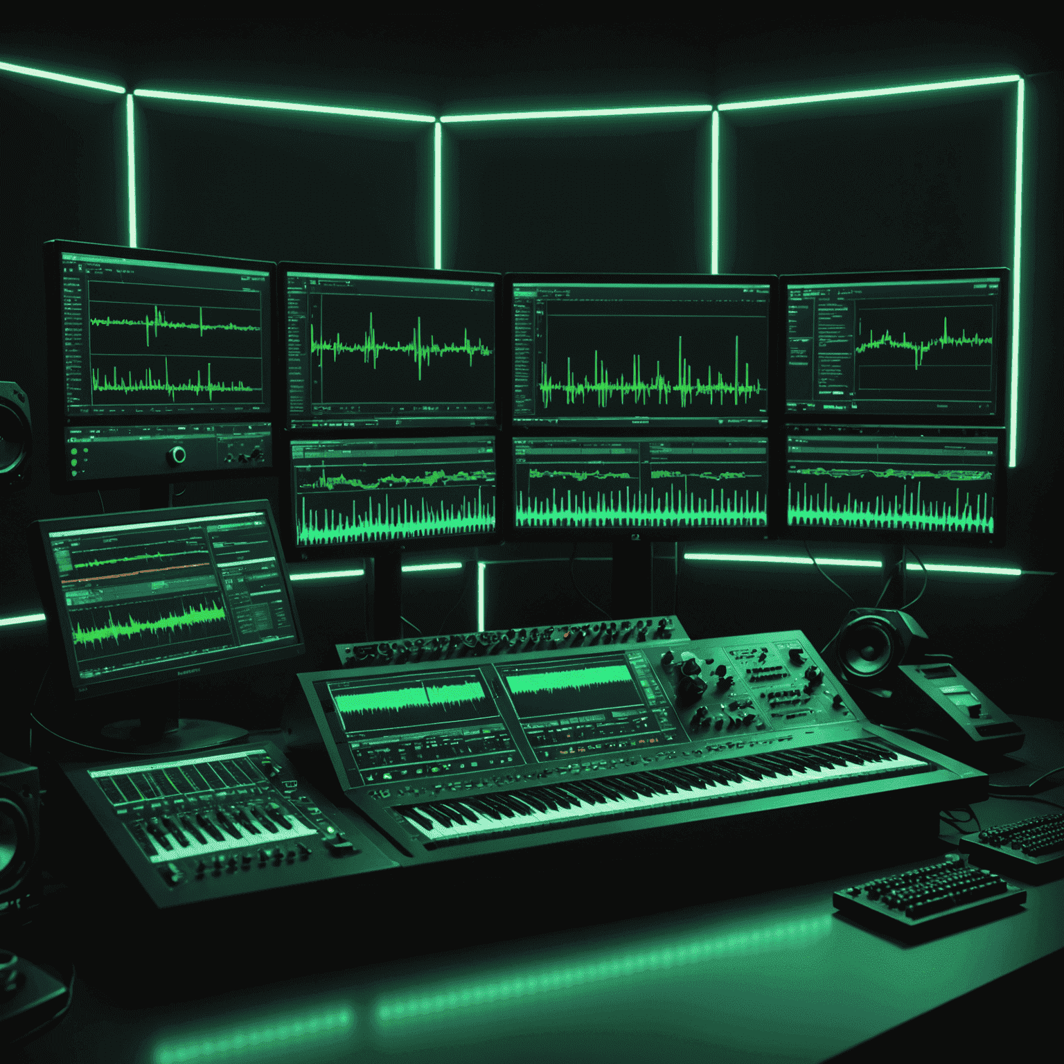 A complex audio workstation setup with multiple screens displaying waveforms, equalizers, and effects. The image is tinted with a neon green (#39FF14) glow, emphasizing the technical and magical aspects of audio post-production.